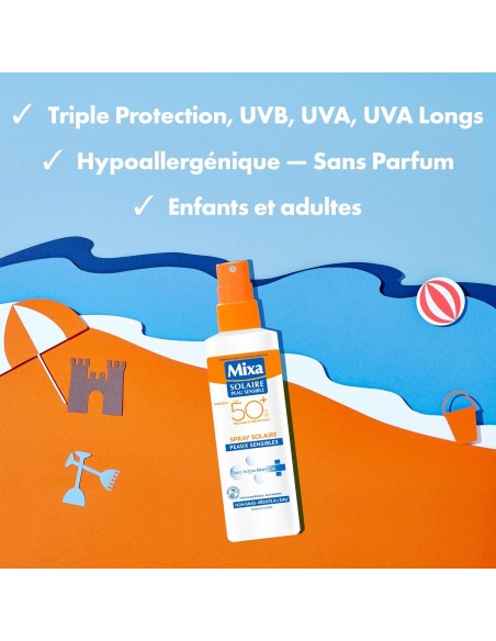 3600551044996 - Mixa Spray Solaire Peaux Sensibles SPF50+ - Hypoallergénique, sans parfum, sans traces, non gras, résist