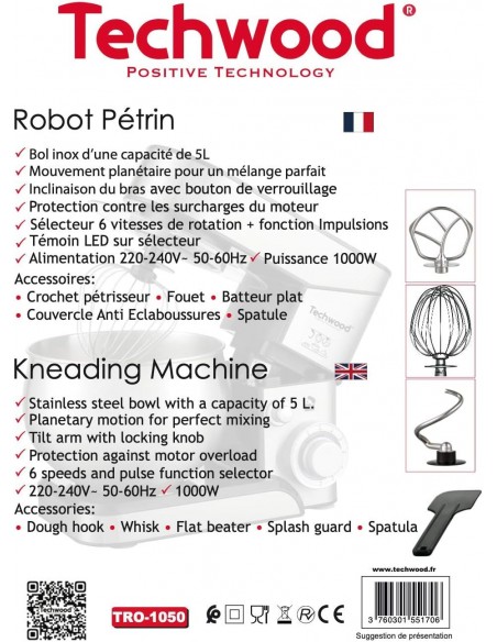3760301551706 - Techwood - TRO-1050, Robot Pâtissier, Robot Pâtissier Multifonctions avec Bol en Acier 5 L, 1000 W, INOX