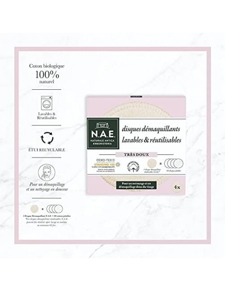 3178041349734 - N.A.E. - Washable facial makeup remover pads - Reusable cotton pads - For gentle facial cleansing - Oeko