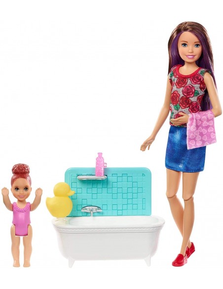 887961691276 - Barbie - Coffret Babysitter - Heure du Bain - Coffret Poupee - Comprend 1 Poupee, 1 Bebe, 1 Baignoire + d
