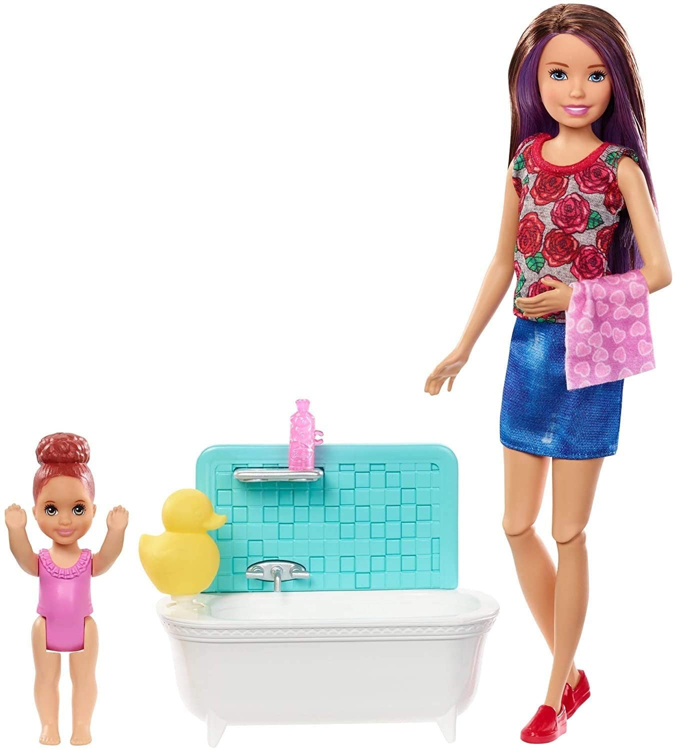 Barbie - Coffret Babysitter - Heure du Bain - Coffret Poupee - Comprend 1 Poupee, 1 Bebe, 1 Baignoire + des Accessoires