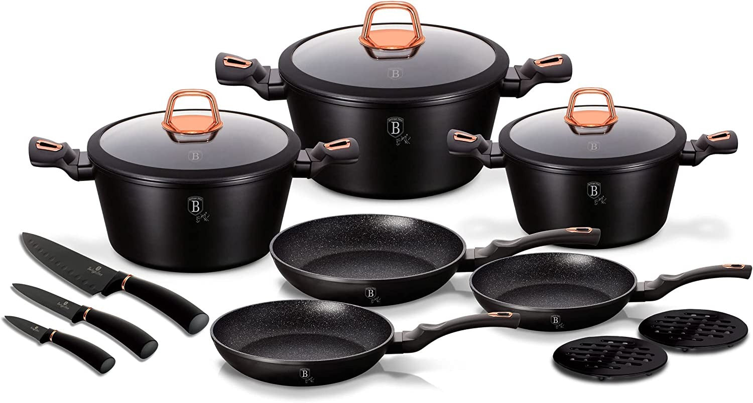 Berlinger Haus Black Rose Batterie de Cuisine à Induction 14 Pièces Antiadhésive Marbre sans PFOA