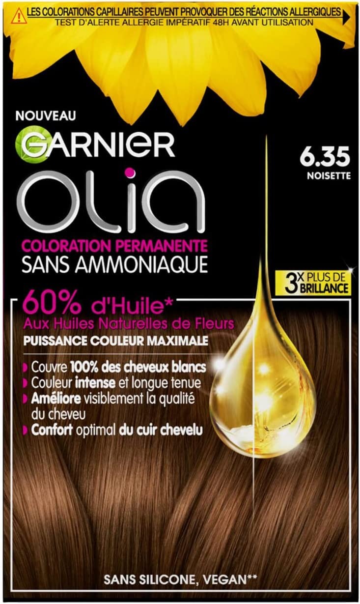 Garnier Coloration Permanente - Sans Ammoniaque - Aux Huiles Naturelles de Fleurs - Noisette (6.35) - Olia