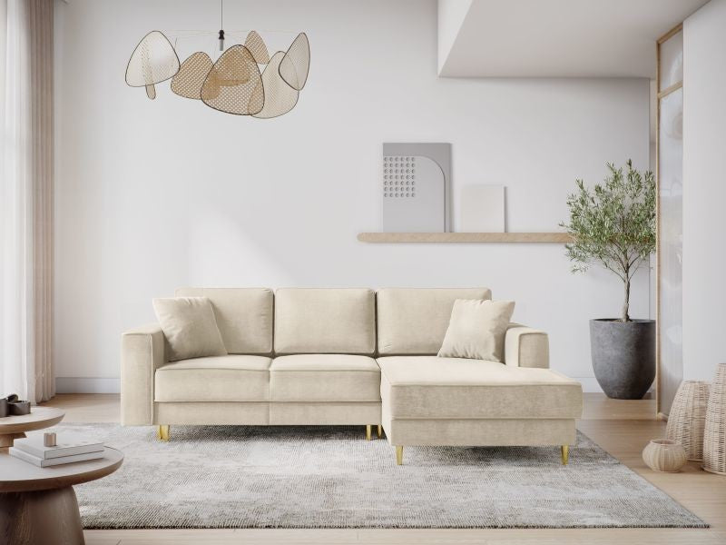 MICADONI - Canapé angle droit 4 places beige clair pieds dorés