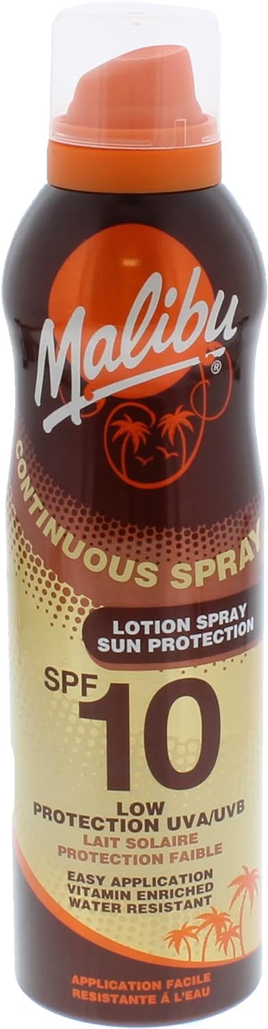 Malibu Lotion en vaporisateur continu SPF 10 enrichie en vitamines, résistant à l'eau, basse protection, 175 ml