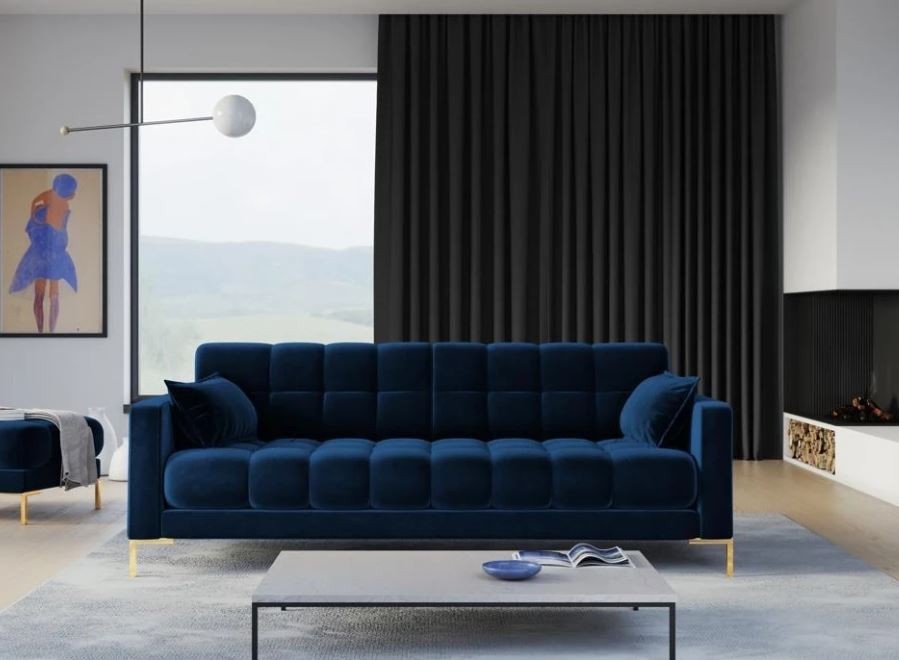 MICADONI - Canapé velours Mamaia Bleu Roi Pieds Métal Doré 4 Places