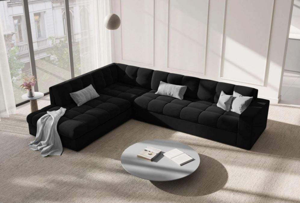 MICADONI - Justin canapé d'angle 5 places velours noir