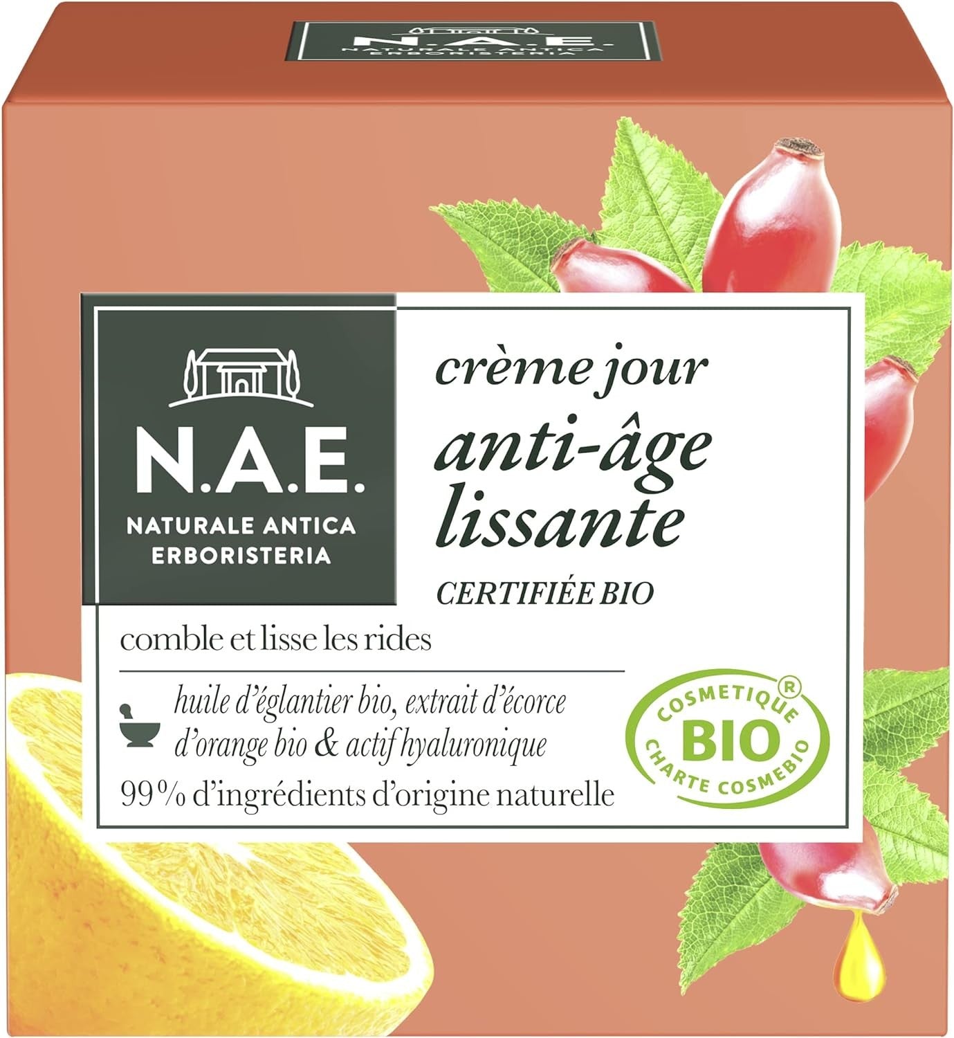 N.A.E. Crème Visage Jour Anti-Rides Huile d'Eglantier Bio et Extrait d'Ecorce d'Orange, Bio, 50ml
