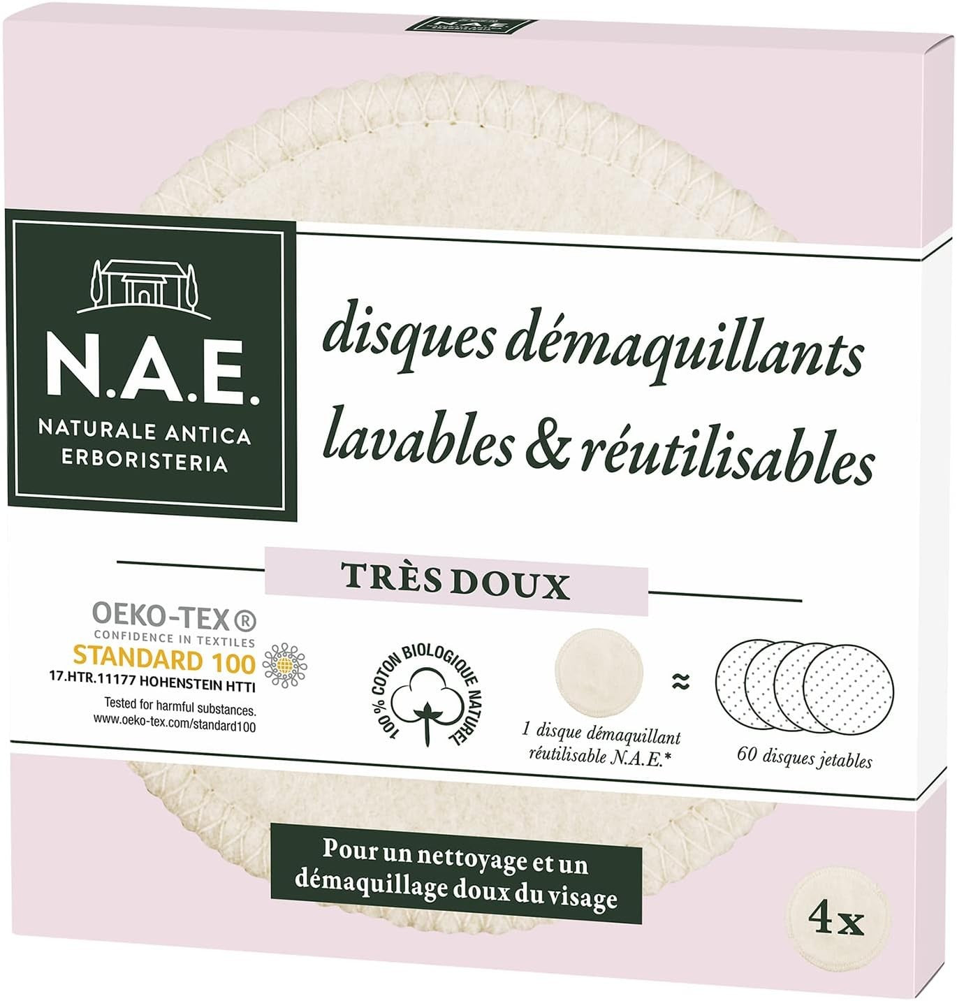 N.A.E. - Disques démaquillants Lavables Visage - Cotons réutilisables - Pour une Nettoyage Doux du Visage