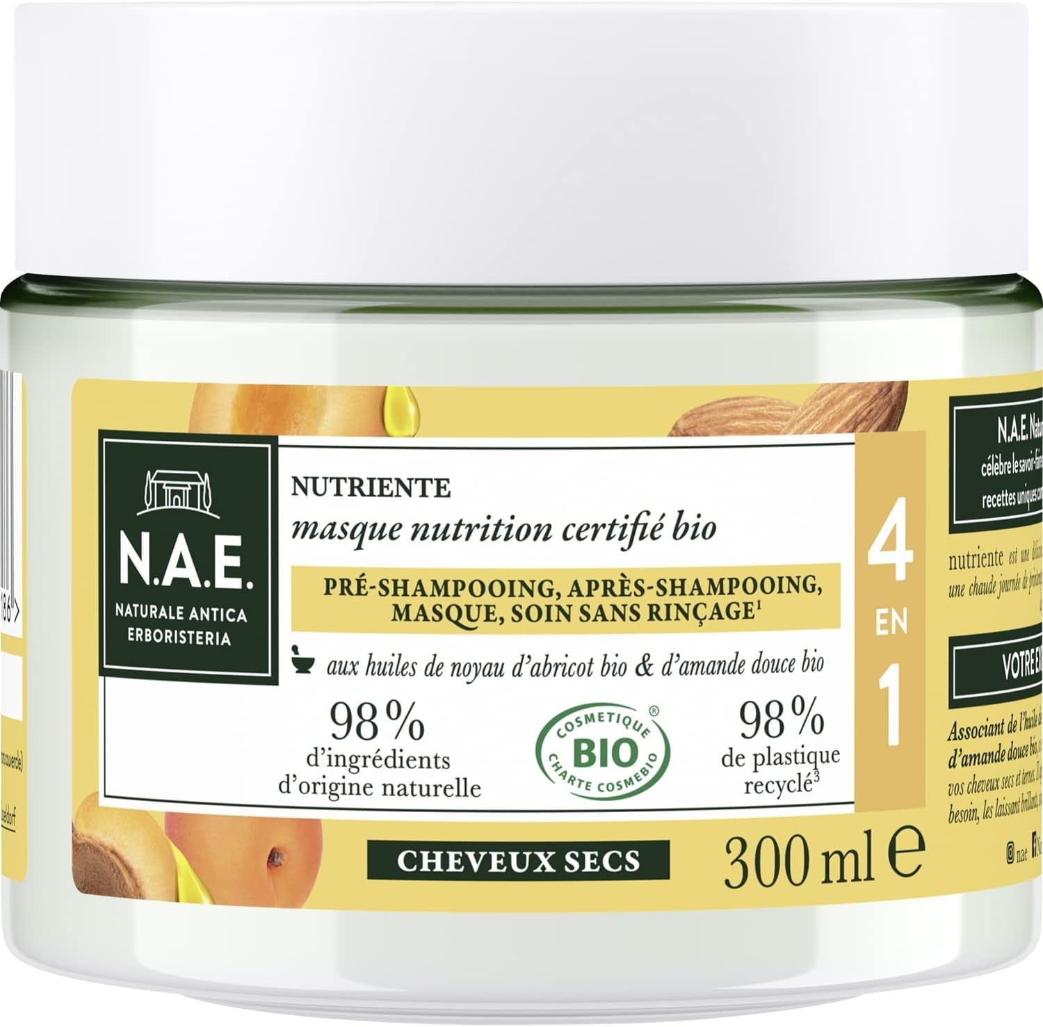 N.A.E. - Masque Cheveux Nutrition 4 en 1 - Cheveux Secs - Aux Huiles de Noyau d'Abricot Bio et d'Amande Douce