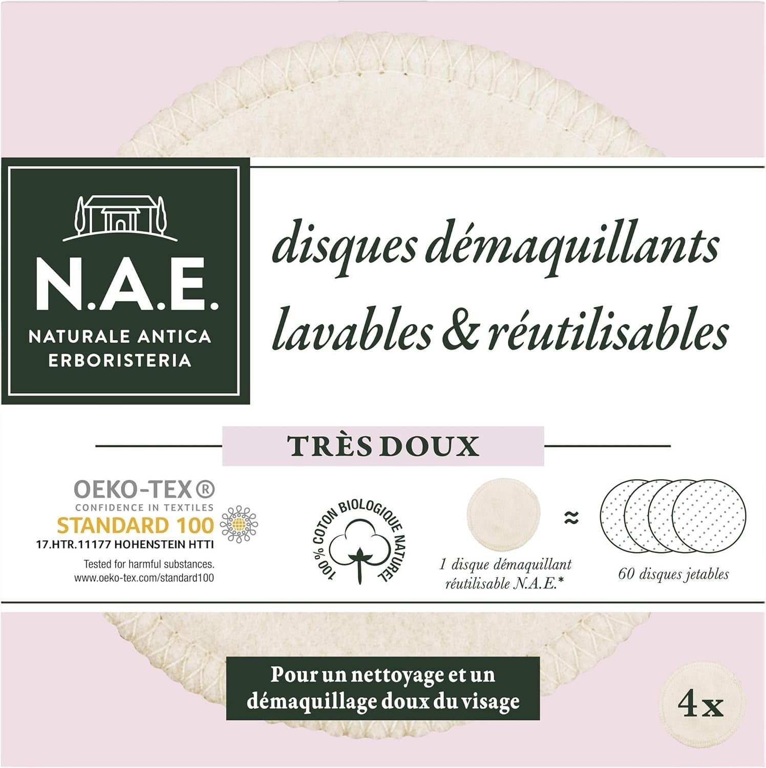 N.A.E. - Washable facial makeup remover pads - Reusable cotton pads - For gentle facial cleansing - Oeko-tex - 100% Natural