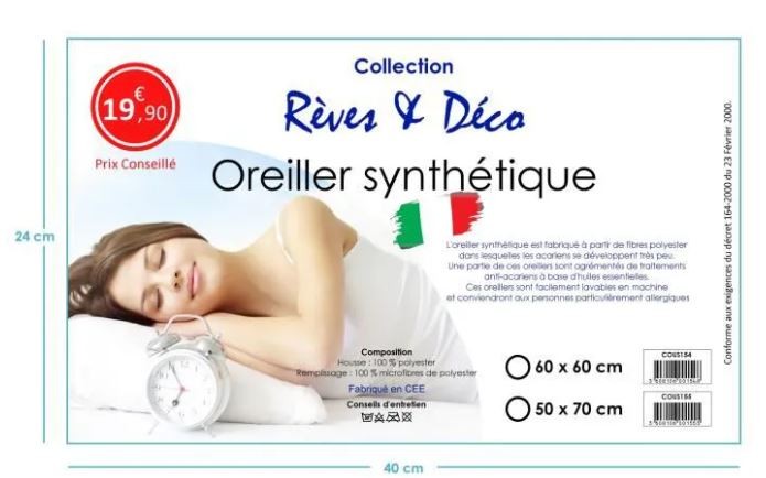 Oreiller anti-acariens synthétique - 50 x 70 - Rèves & Déco