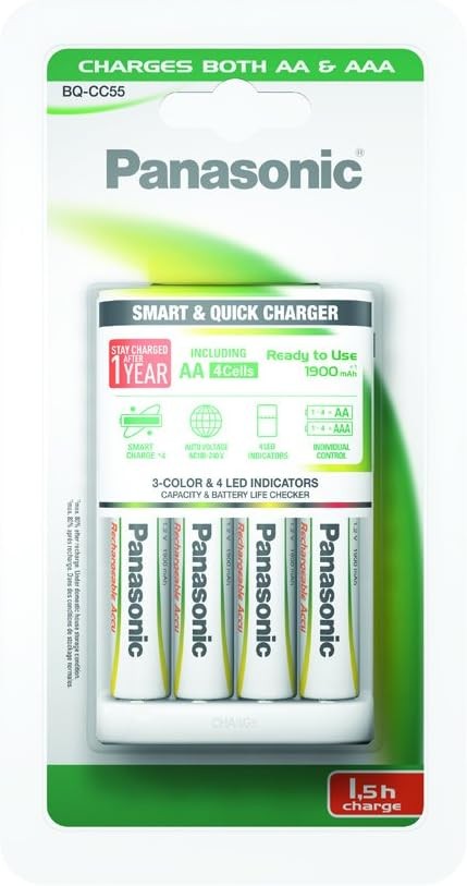 Panasonic Smart Rechargeable Battery Fast Charger + 4 AA LR6 1900mAh Rechargeable Batteries - Ready to Use