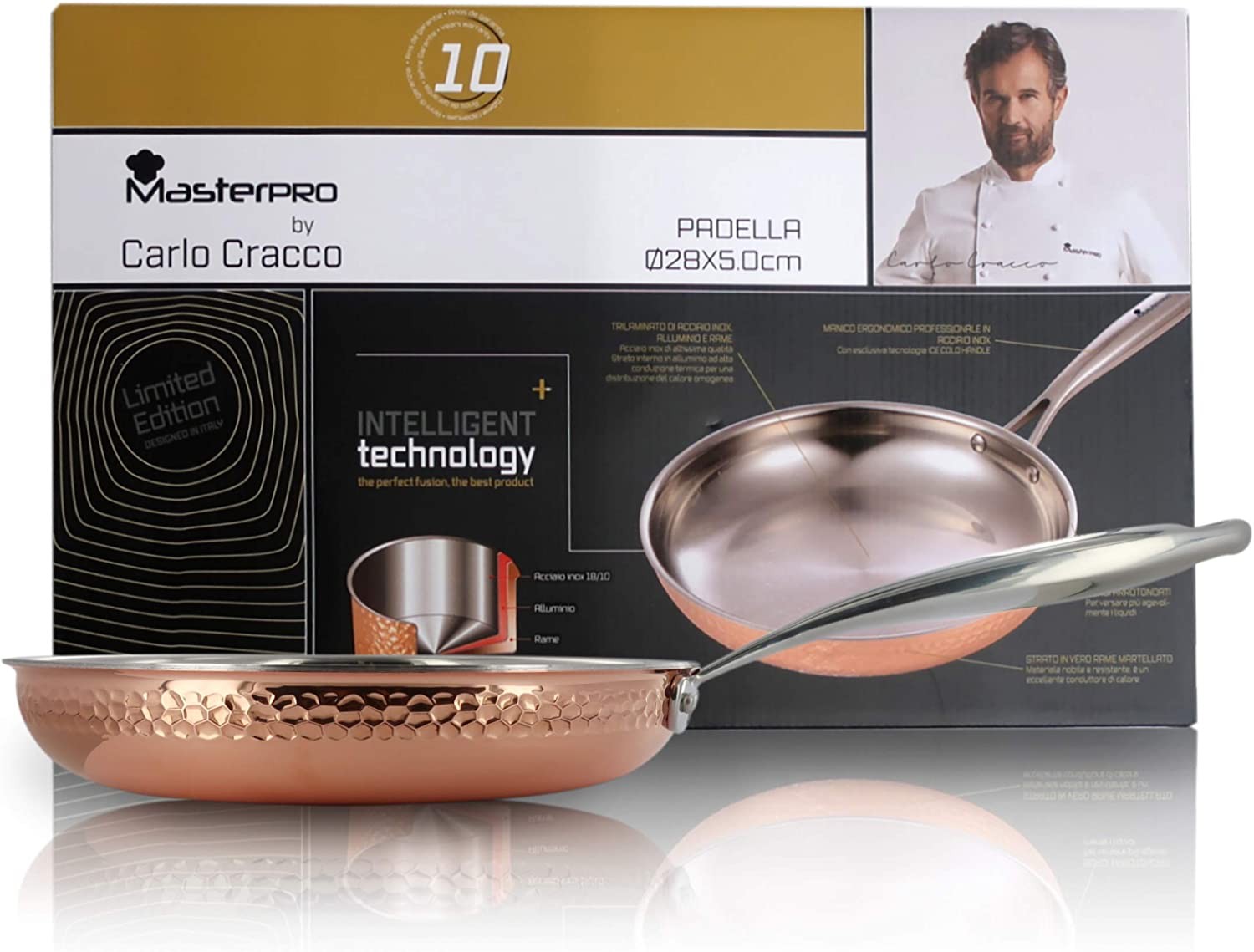 Poêle de Cuisine Professionnelle en Acier Inoxydable, Aluminium et Cuivre - Ø 28 cm - 2,6 litres