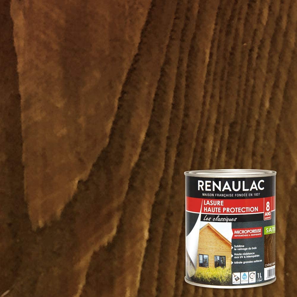 Renaulac Peinture Lasure Chêne moyen - Garantie 8 ans - 1L - 12m² / pôt