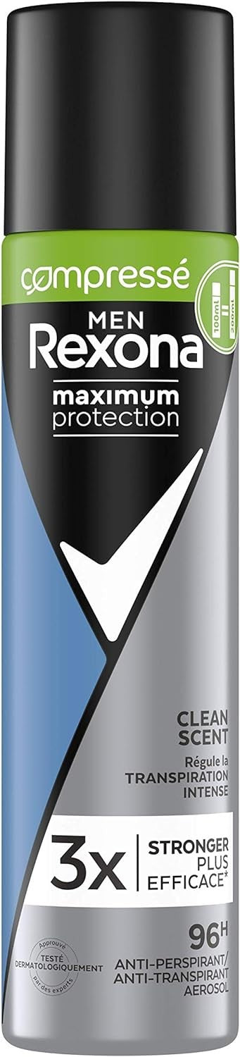 Rexona Déodorant Homme Compressé Clean Scent, Anti-transpirant Maximum Protection, Protection 96h Spray 100ml