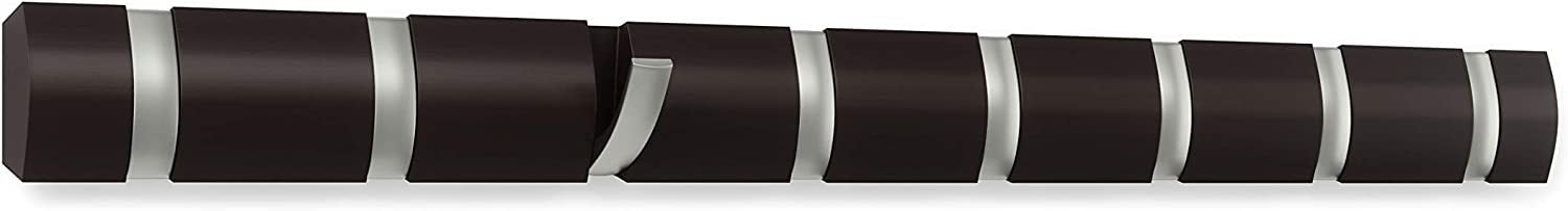 UMBRA FLIP 8 - Patère de 8 crochets rétractables - Bois peint marron expresso et crochets métal nickel. Dim 81,30 x 7,60 x 2,5cm